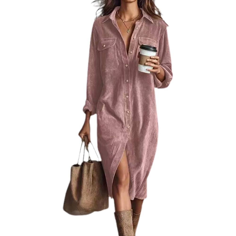 Robe-Chemise boutonnée en Velours côtelé pour Femme, Collection Automne Robe décontractée d'automne, Coupe Ample, col à Revers, Manches Longues et Poches (Pink,Grand)