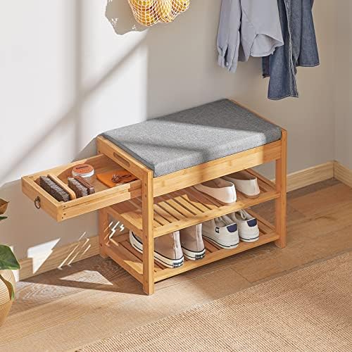 SoBuy® FSR49-N, Bamboo Shoe Rack Shoe Bench with Lift Up Bench Top and Seat Cushion, Hallway Shoe Storage Bench Organizer with Drawer