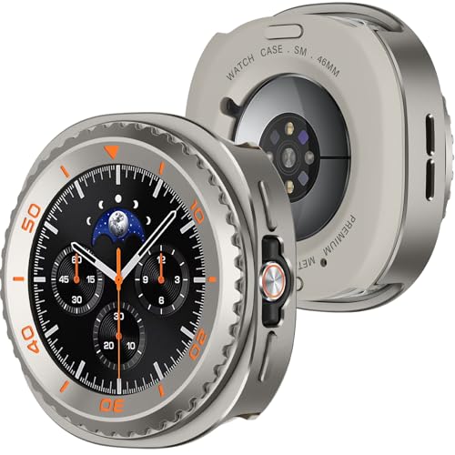 Amizee Metal Case Compatible with Samsung Galaxy Watch 8 Classic Case 46mm Rugged Protective Bumper with Back Cover Resistant Protection Cover for Galaxy Watch 8 Accessories Titanium/Orange