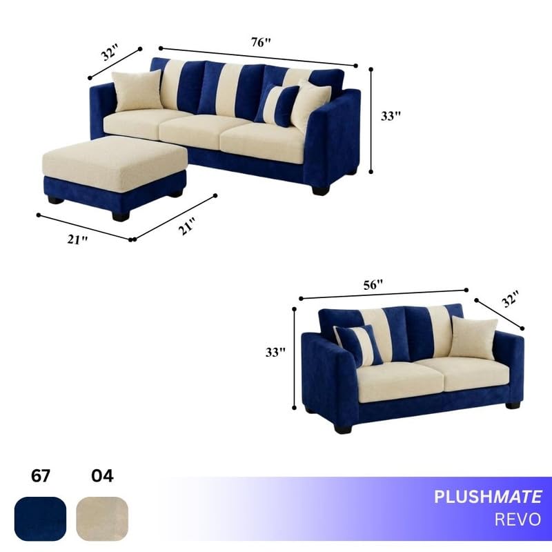Image of Revo Plush Comfort Sofa Set | 3 Seater + 2 Seater with Ottoman | Luxury Velvet Suede Fabric | Modern Living Room Sofa | Dark Blue - Cream
