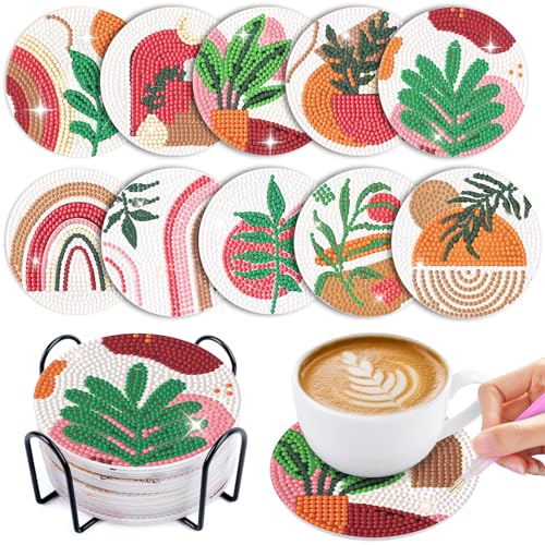WuGU Lot de 10 sous-verres de peinture diamant avec support, peinture diamant pour adultes, pour bricolage, sous-verres de peinture diamant pour débutants, adultes et enfants (plantes abstraites)