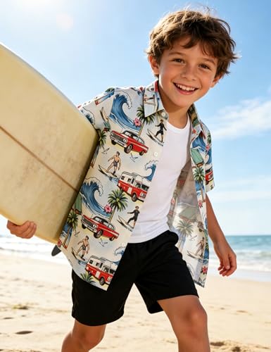 Image of Boys Hawaiian Shirt Kids Button Down Aloha Beach Hawaii Tops 5-14Y | Quick Dry, Breathable, Cooling & Lightweight, For Summer Vacation Holiday, Fourth of July, Youth, Teen, Shark, Dinosaur