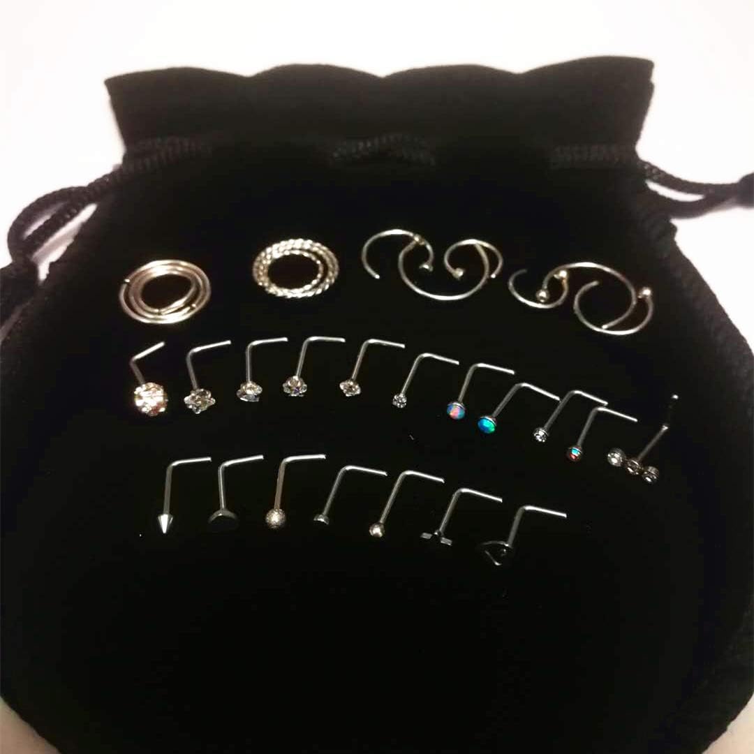 20G 30Pcs Nose Ring, CZ L Bone Screw Shape Nose Studs, Stainless Steel Body Piercing Jewelry, Women Men Silver Tone