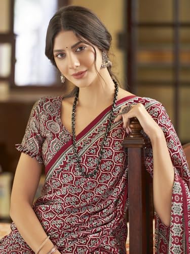 Image of SAREE MALL Women's Ajrkh Print Satin Crepe Polka Dot Printed Saree With Unstitched Blouse Piece