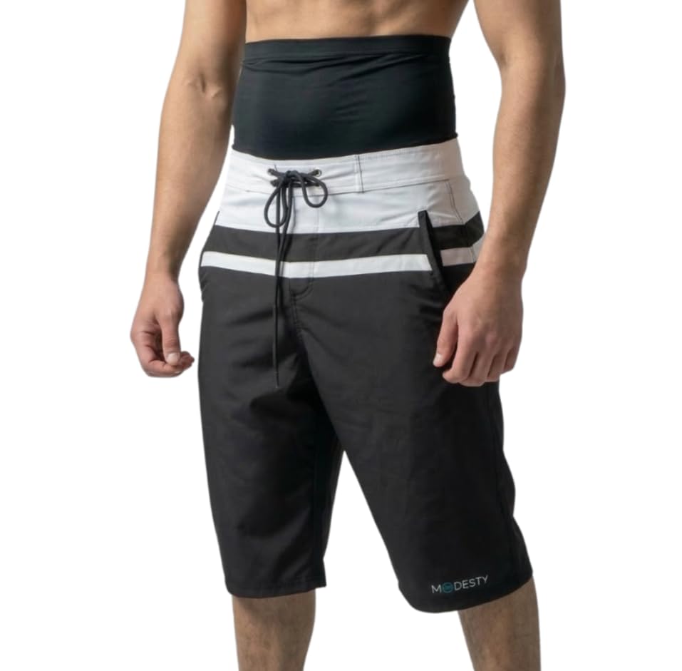 Modesty - Short de Bain Homme Musulman M Noir - Blanc | Maillot de Piscine, Sarouel,Islamique, awrah, Natation, Plage, Surf, Sport.