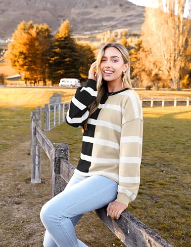 Image of Zeagoo Womens Striped Oversized Sweater 2025 Crew Neck Long Sleeve Knitted Color Block Casual Loose Pullover Top