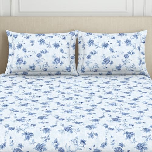Image of Welspun Cotton Blend Bedsheet for Double Bed with 2 Pillow Covers | Soft, Skin Safe & Breathable Bed Sheet | Floral Print | Large Size Bedsheet | Ideal for Gifting & Festivals | 224 x 254 cm |Ice Blue
