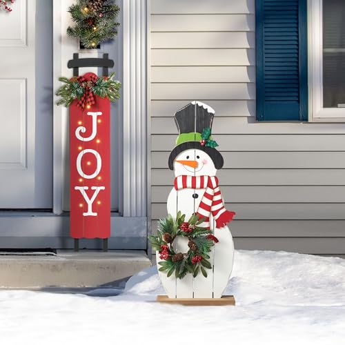 Image of Glitzhome 36 inch H Wood Metal Christmas Snowman Porch Decor with Floral Wreath Standing Snowman Merry Christmas Porch Welcome Sign Holiday Party Outdoor Indoor Xmas Decorations