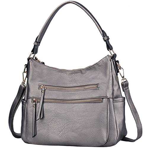 Handbags JOYSON Crossbody Bags PU Leather Hobo Shoulder Bag Multi-pocket Top-Handle Purse Silver Grey