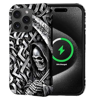 Punmada for iPhone 15 Pro Case for MagSafe,Hard Hybrid Shell Shockproof Silicone Full Body Protective Non Slip Case for iPhone 15 Pro Gothic Reaper Calligraphy Chaos Pattern