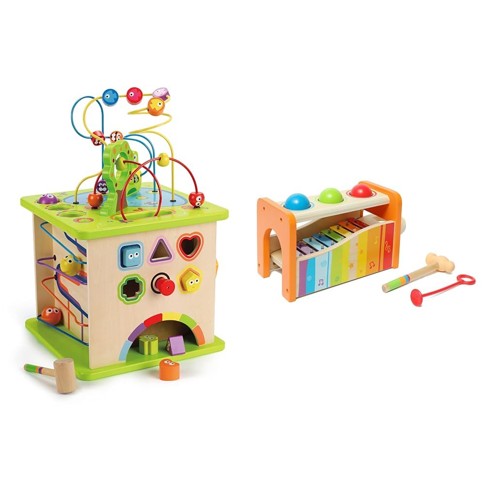 Hape E1810 - Motorikwürfel Kleine Tierchen, aus Holz, ab 12 Monate & E0305 - Xylophon und Hammerspiel, Klopfbank, aus Holz, ab 12 Monate