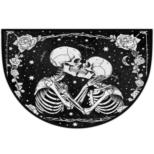 Image of cfpolar Half Round Door Mat Halloween Flower White Skull Non-Slip Semi Circle Area Rug Washable Half Moon Hearth Rugs for Indoor Outdoor Bathroom Kitchen Patio Runner Mat Laundry Room Home Decoration