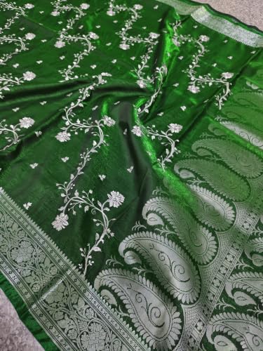 Image of Women's Glory Banarasi Satin Silk Saree with Rich Golden Zari Floral Embroidery | Kanjivaram Style | Traditional Wedding & Festive sadi with Contrast Border | Designer Party Sari Collection
