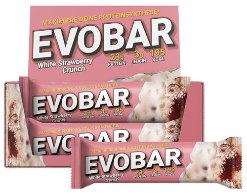 EVO SPORTS FUEL EVOBAR White Strawberry Crunch Protein Riegel | 12 x 60g | ZERO palmöl Eiweißriegel mit 23g protein pro Bar | geprüfte Qualität | Made in Germany (1er Pack)