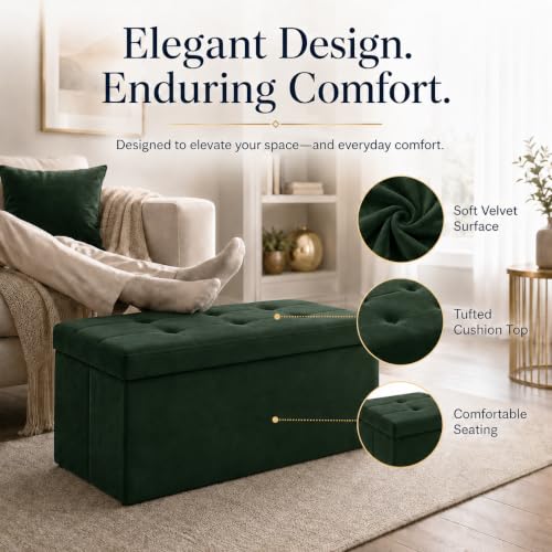 Image of ALASDO 30 Inch Folding Storage Ottoman Bench with Hidden Storage, Velvet Storage Ottoman Foot Rest Stool, End of Bed Bench for Bedroom, Living Room, Entryway and Closet, Dark Green