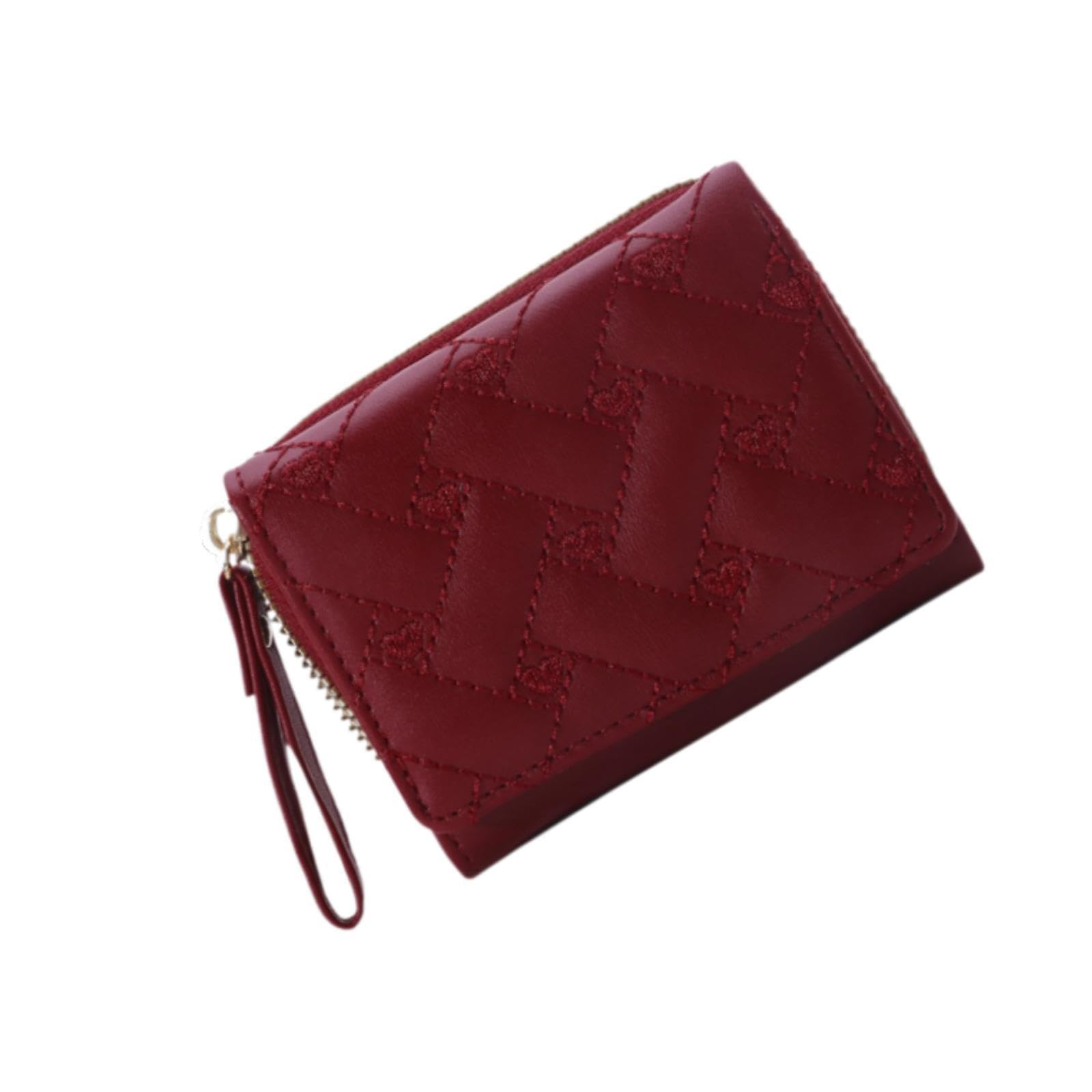 Small Wallet PU Leather Zipper Closure Heart Embroidered Trifold Card Wallet Red-image-41