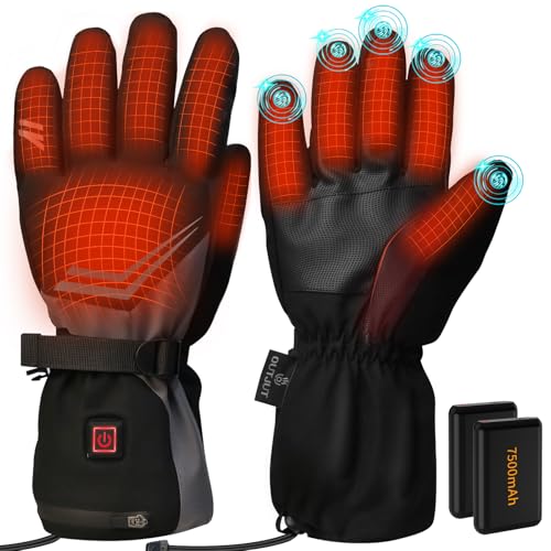 Beheizbare Handschuhe mit Akku 7500mAh, OUTJUT USB Elektrisch Skihandschuhe Mit Heizung für Damen Herren, 3 Heizstufen wasserdichte Touchscreen Handschuhe Beheizbar, Winterhandschuhe-XL