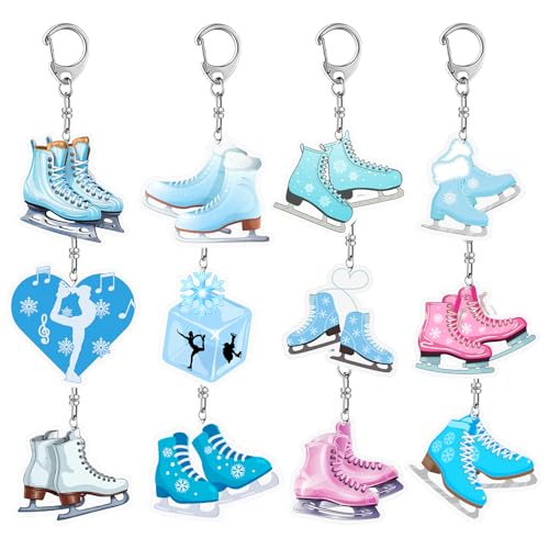 Lcnjscgo 12 PCS Ice Skating Keychain, Ice Skating Party Favors Ice Skating Birthday Party Supplies Decoration Gifts for Kids Classroom School Prizes Rewards