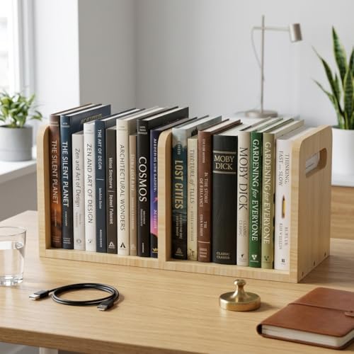 Image of 100% Solid Wood Adjustable Desktop Bookshelf With Movable Divider, Retro Tabletop Bookshelf With Convenient Handle Design for Living Room, Home, Office, Perfect for Magazine Book (Natural Wood Color)