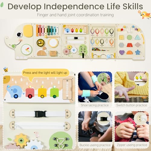 Image of Elephant Activity Wall Busy Board Panels,Wooden Montessori Learning Activity Center Sensory Toys Wooden Sensory Wall Panel for Kids Ideal Furniture for Playroom Daycare Dentist Waiting Room Nursery