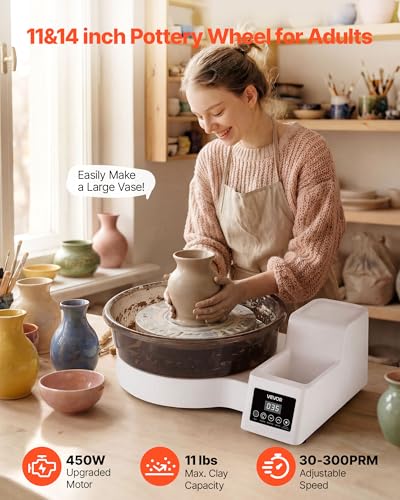 Image of VEVOR Pottery Wheel for Adults, 14 inch and 11 inch Turntables, 450W Electric Table Top Pottery Wheel with Foot Pedal, 30-300 RPM Adjustable Speed, Detachable Basin, for Beginners, DIY Clay Art Craft, White