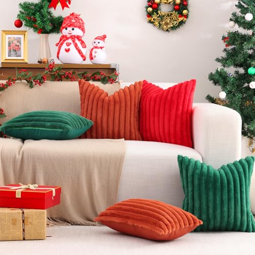 Image of Pallene Faux Fur Plush Lumbar Throw Pillow Covers 12x20 Set of 2, Luxury Soft Fluffy Striped Decorative Pillow Covers for Sofa, Couch, Living Room, Christmas Green