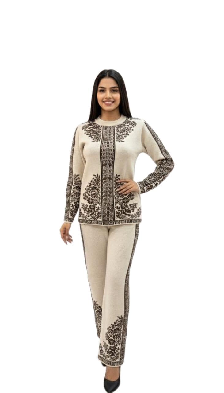 Women Winter Coord Set Wool Blend Round Neck Warm Sweater and Pants for Lounge, Casual, Travel Wear