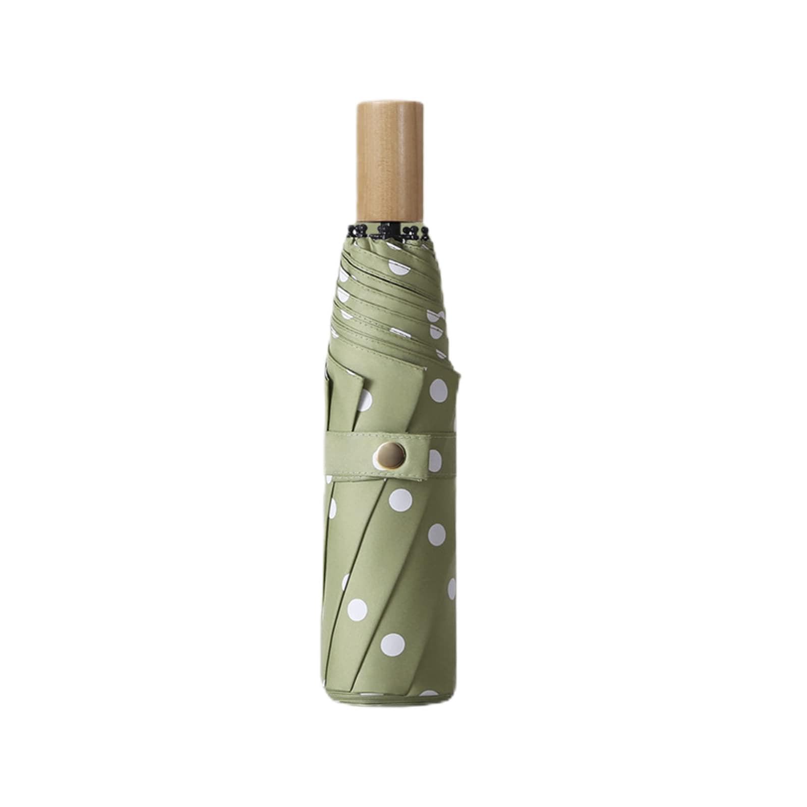 WSYBPCNM Compact Umbrella, Windproof Polka Dot Solid Wood Handle Compact Folding Umbrella, 8 Ribs UPF 50+ UV Protection, Men Women(Matcha Green)