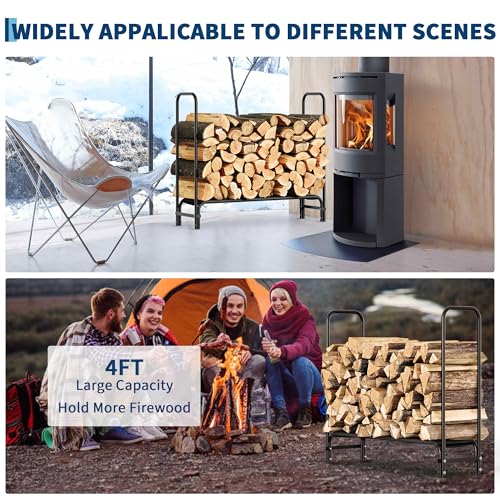 4Ft Firewood Rack Outdoor, Firewood Rack Indoor with Fabric Mesh, Heavy Duty Fire Logs Stand Stacker Holder, Metal Lumber Storage Organizer for Storing Logs of Various Size, Black