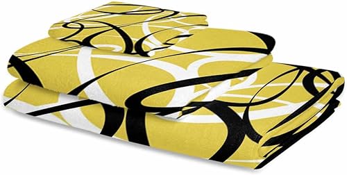 Miniatura 2 de Juego de toallas de baño de 3 piezas con diseño geométrico amarillo, línea blanca y negra, arte abstracto moderno, toalla suave y absorbente para