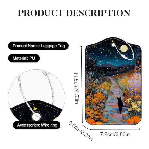 Image of Halloween Black Cat Luggage Tags 2 Pack, PU Leather Privacy