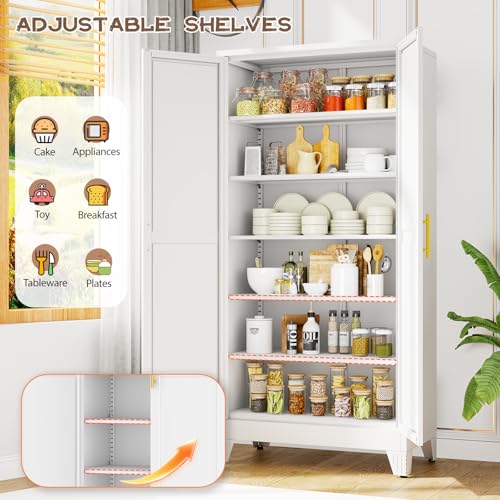 Image of winiowa Tall Metal Kitchen Pantry Storage Cabinet with 2 Doors and 5 Adjustable Shelves - 75.2 inch Kitchen Cabinet with Gold Handles for Kitchen, Bathroom, Dining Room, Living Room - White
