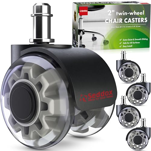 SEDDOX Office Chair Wheels Replacement Set of 5 - Dual 2 Inch Soft Chair Casters for Hardwood Vinyl Tile - Heavy Duty & Safe for All Floors - Fit Works with Most Computer Gaming & Desk Chairs - Grey