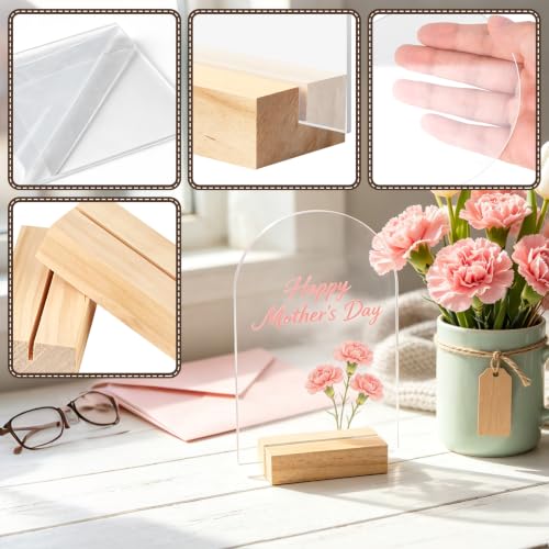 Image of Bercoor 15 Pack 4x6 Inch Blank Clear Arch Acrylic Sign with Wooden Stands, Arched Round Top Acrylic Sheet, DIY Acrylic Arch Table Numbers for DIY Name Card Gifts Event Party Sign Decoration