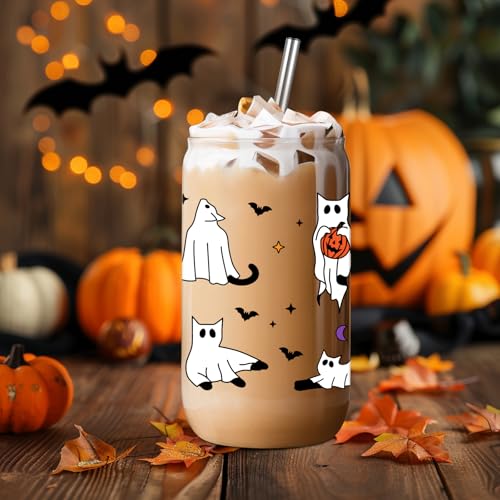 LEADO Cat Ghost Iced Coffee Cup, Halloween Glass Cups with Lids and Straws, 16 oz Cute Bat Spooky Glass Tumbler - Boo Basket Stuffers, Halloween Fall Gifts for Cat Lover, Women, Adults, Girls - Image 6