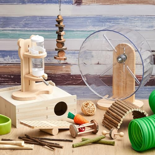 20 Pcs Hamster Toys Set, 16 Small Animal Chewing Toys, Maze Wood House, Silent Exercise Running Wheels and Water Bottle Set Feeding Bowl for Hamster Habitat Rat Cage Accessories(Green) - Image 4