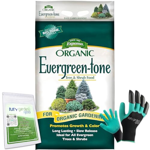 Espoma Organic Evergreen-Tone 4-3-4; 18 lb with My Garden Pool PH Soil Test Strips 20 ct and My Garden Pool Gardening Claw Gloves and Garden-IQ Smart Gardening AI Assistant!