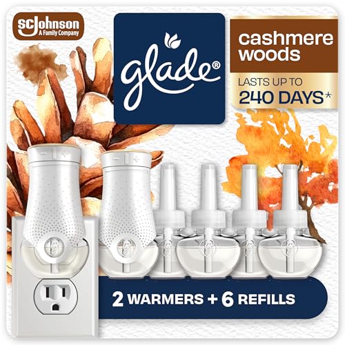 Glade PlugIns Air Freshener Starter Kit, Scented and Essential Oils for Home and Bathroom, Cashmere Woods, 4.02 Fl Oz, 2 Warmers and 6 Refills