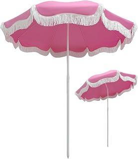 Rosa Sombrilla Terraza Exterior 180cm Sombrilla Playa Grande Inclinable Sombrilla Jardin Con Flecos Parasol Jardin Exterior Protección UV50+ Para Terraza Jardin Piscina/Altura Ajustable Bolsa De Trans
