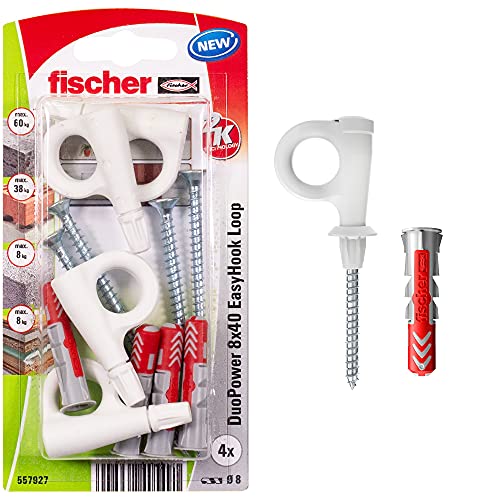 fischer EasyHook Loop K (4), Juego de 4 tornillos y tacos DuoPower 8 x 40, con gancho para tablero aglomerado para instalar fácilmente en numerosos materiales de construcción