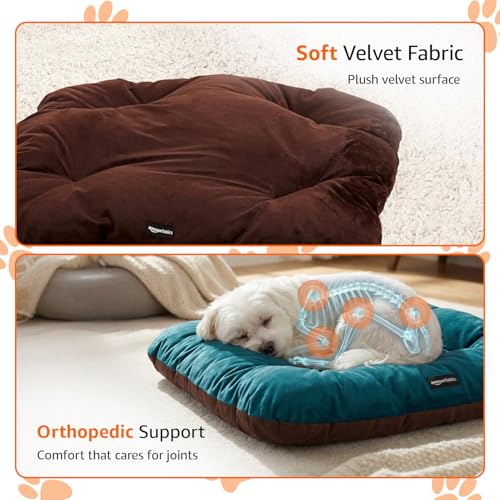 Image of Amazon Basics Pet Bed | Small | Reversible Premium Velvet Pet Bed for Cats & Small Dogs (Pug, Shih Tzu, Dachshund) | Soft & Durable | Coffee & Light Blue | 63 x 63 x 7 cm