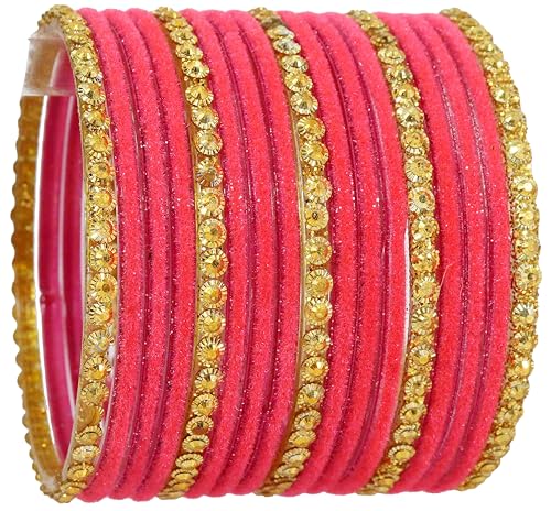 Image of NMII Premium Glass & Golden Beads Velvet Bangle Set For Women and Girls | Velvet Chudi | Traditional Chudi Set | Designer Girl's Bangles Bracelet | Wedding, Party, Festive, Daily- Set of 34
