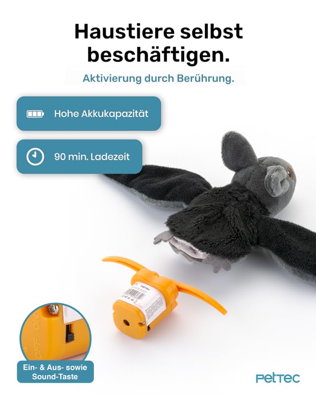 PetTec - Plush Toy Murciélago Juguete interactivo para el autoempleo - Gato de peluche portátil y recargable con USB-C incl. hierba gatera - Despierta el instinto de caza con pitido y alas