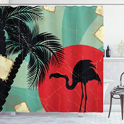 ABAKUHAUS Tropical Shower Curtain, Retro Style Grunge Hawaiian Composition with Flamingo Silhouette and Palm Trees