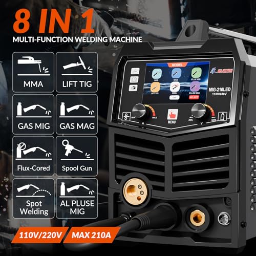 GZ GUOZHI 210A MIG Welder, 8 in 1 Gas MIG/MAG/Gasless Flux Core MIG/Lift TIG/Stick/Spot Welding/Spool Gun, Aluminum Pulse Mig Welding Machine Large LED Display 110V/220V Multi-Process Welder