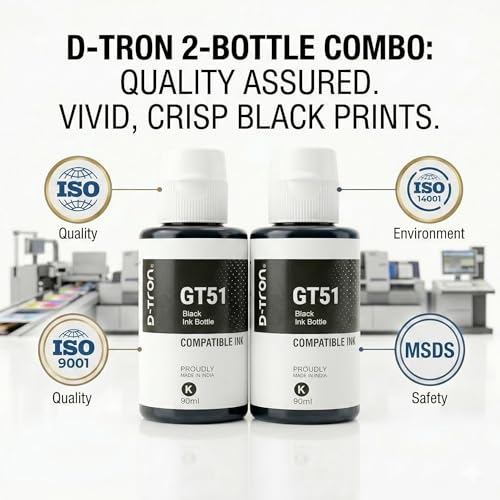 Image of D-tron GT51 /GT52 Compatible Refill Ink for HP 5810 5811 5820 5821 115 116 117 310 315 319 410 415 416 419 457 Printers (Black-2 Colour-3) Pack of 5 - Cyan, Magenta, Yellow, Black
