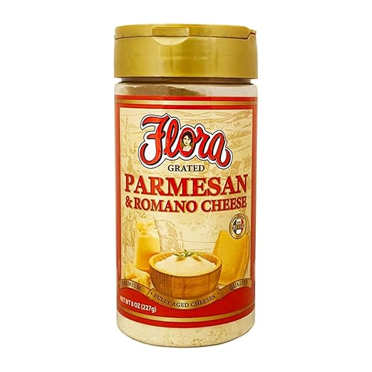 Flora Cheese Shaker | Parmesan & Romano (8oz Shaker - 227g) | 100% Grated | Imported Italian | Aged Over 10 Months | Italian Quality