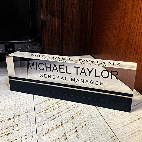 Artblox Office Desk Name Plate Personalized | Custom Name Plates For Desks On Acrylic Glass Decor | Office Desk Decor Nameplate | Desk Accessories | Black Stripe - (8" X 2.5") #TOP2