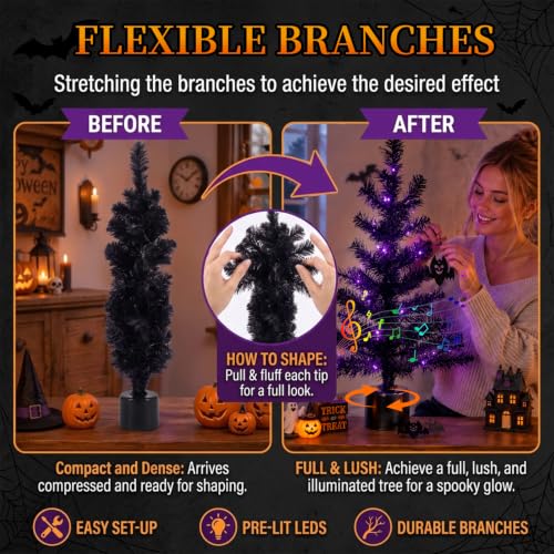 Halloween Decor, 2FT Black Rotating Halloween Tabletop Tree, Pre-Lit with 35 Purple LED Lights,Battery Powered Tree for Halloween, Fall, Christmas & All Season Indoor Holiday Decor - image 4