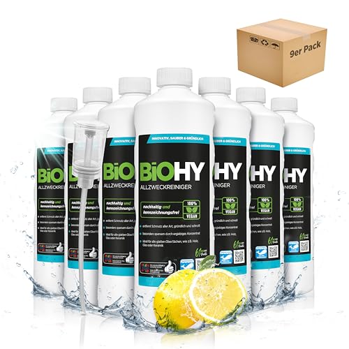 BiOHY Nettoyant Tout Usage (9 x 1l Bouteille) + Distributeur | Professionnel Doux - nettoyant Universel pour la Maison et la Voiture | entièrement biodégradable (Allzweckreiniger)